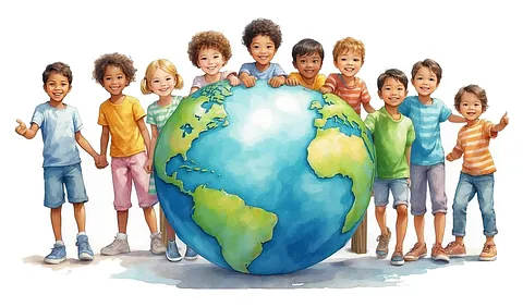 viele Kinder bei der Weltkugel zum Weltkindertag