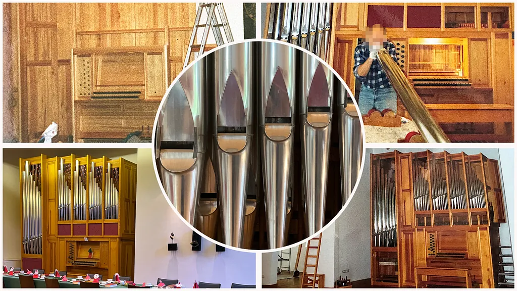 Fünf Ansichten einer Orgel während des Baus oder der Restaurierung