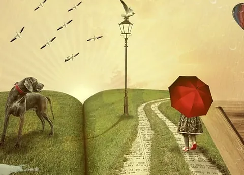 Aufgeschlages Buch mit Figuren: Hund, Mädchen mit rotem Schirm, Vögel,